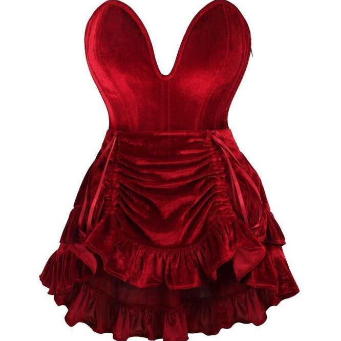 Top Drawer 2 PC Steel Boned Dark Red Velvet Plunge Corset & Skirt Set - Daisy Corsets