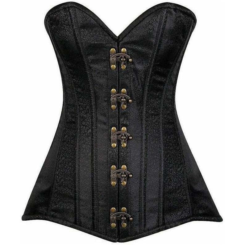 Black corset with gold buttons on a white background
