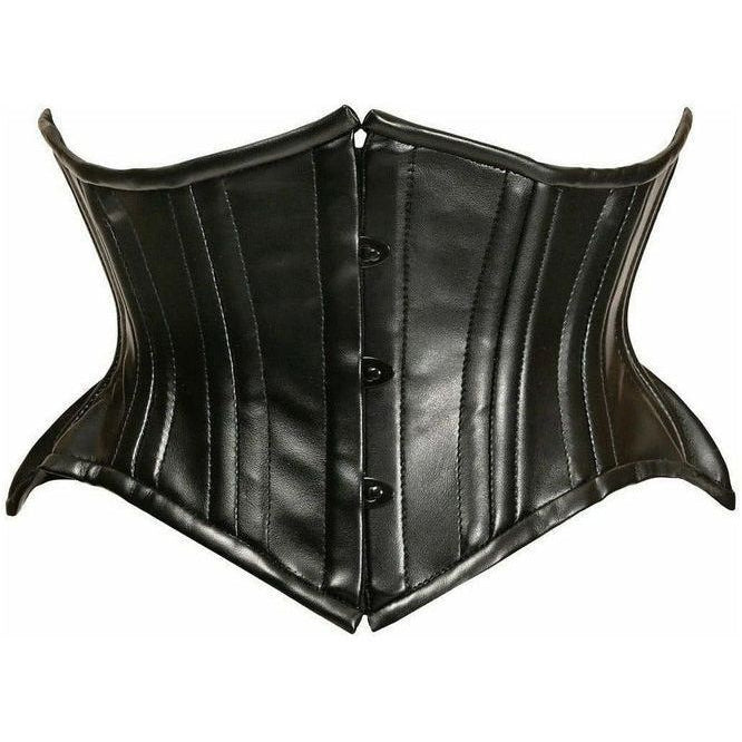Top Drawer Black Faux Leather Double Steel Boned Curvy Cut Waist Cincher - Daisy Corsets