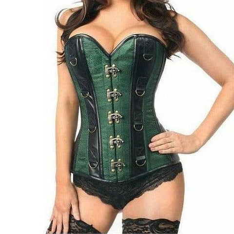 Top Drawer Dark Green Brocade & Faux Leather Steel Boned Corset - Daisy Corsets