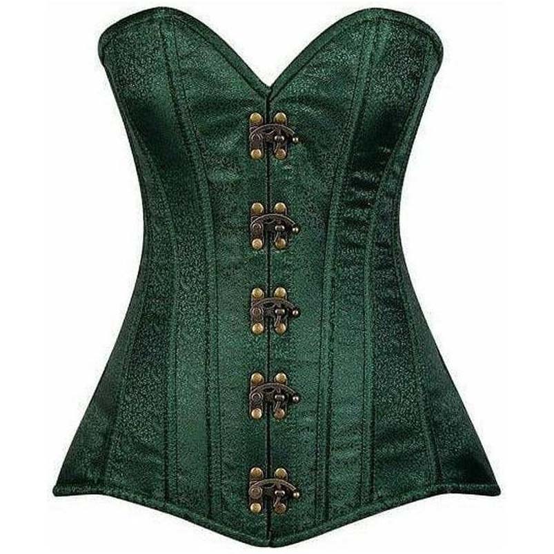 Green corset with decorative buttons on a white background
