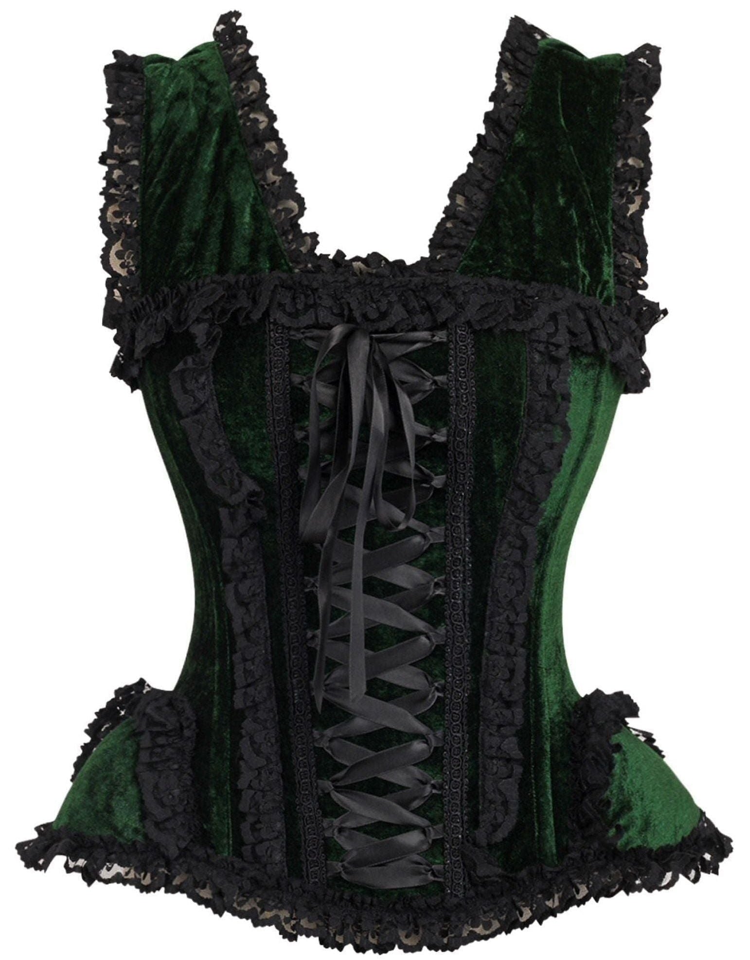 Top Drawer Dark Green Velvet & Lace Steel Boned Corset w/Cap Sleeves - Daisy Corsets
