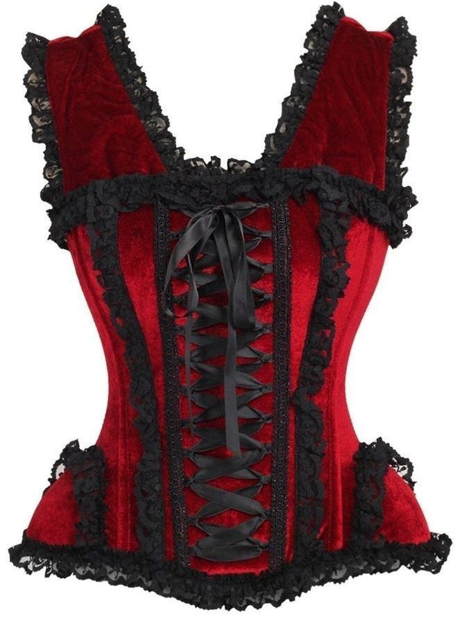 Top Drawer Dark Red Velvet & Lace Steel Boned Corset w/Cap Sleeves - Daisy Corsets