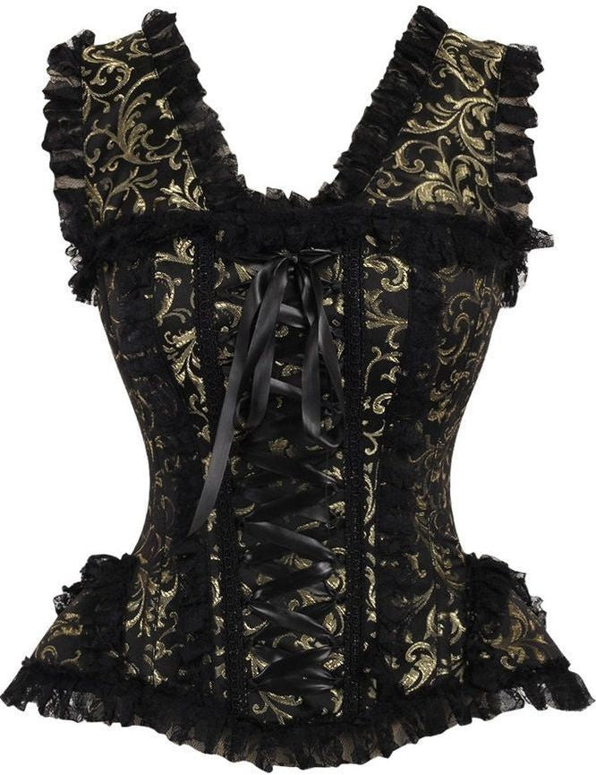 Top Drawer Gold/Black Swirl Brocade & Lace Steel Boned Corset w/Cap Sleeves
