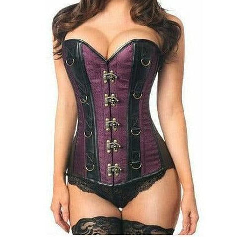 Top Drawer Plum Brocade & Faux Leather Steel Boned Corset - Daisy Corsets