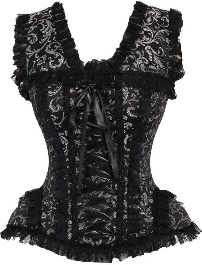 Top Drawer Silver/Black Swirl Brocade & Lace Steel Boned Corset w/Cap Sleeves - Daisy Corsets