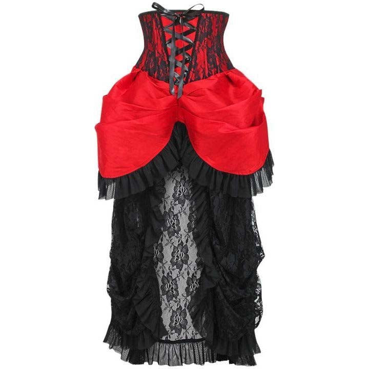 Black and red corset dress with lace details on a white background