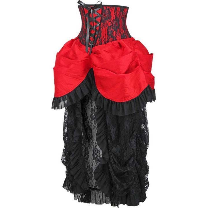 Black and red corset with ruffled layers on a white background