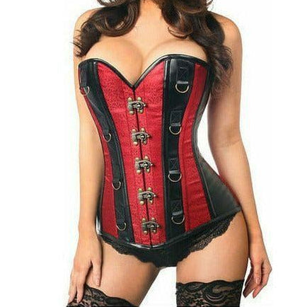 Top Drawer Wine Brocade & Faux Leather Steel Boned Corset - Daisy Corsets