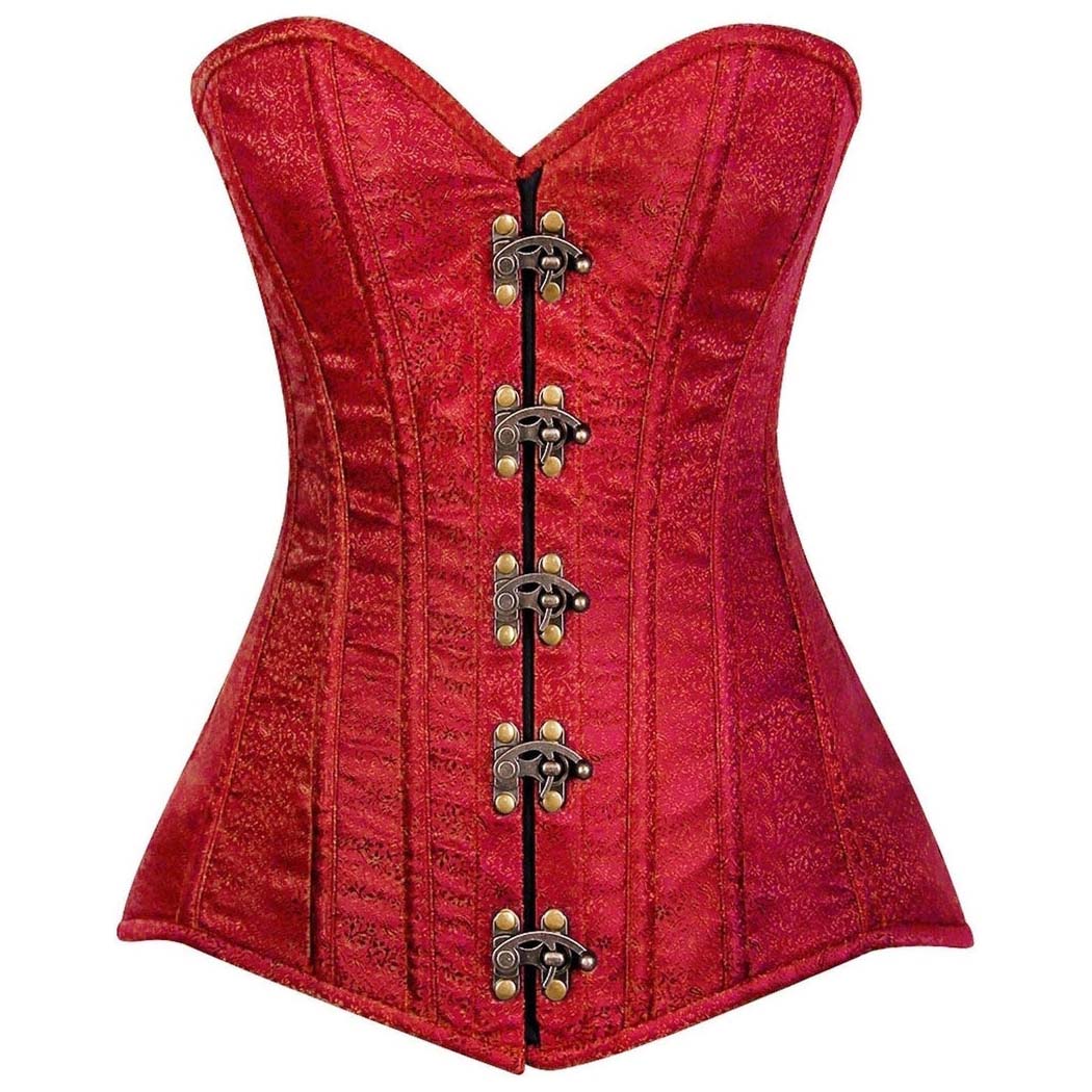 Red corset with gold buttons on a white background