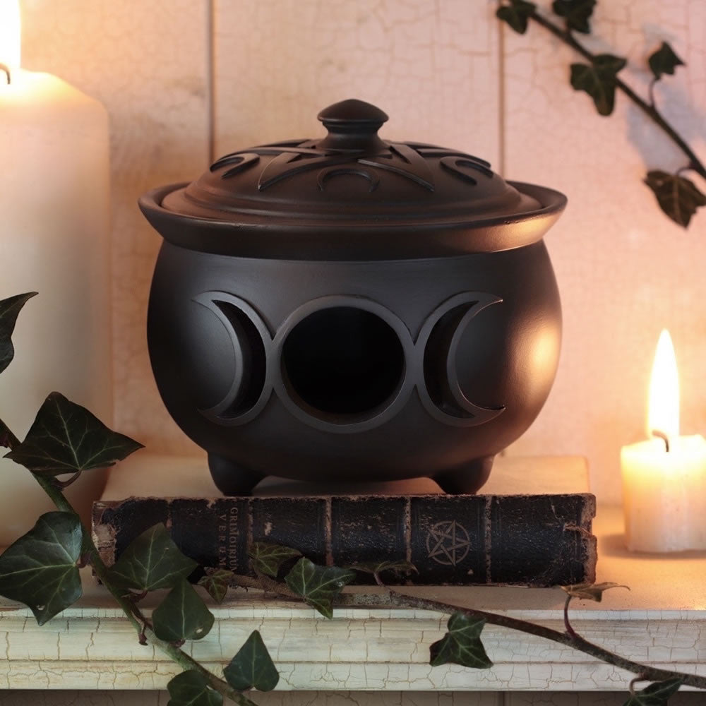 Alchemy Gothic Triple Moon Cauldron Lidded Pot V107