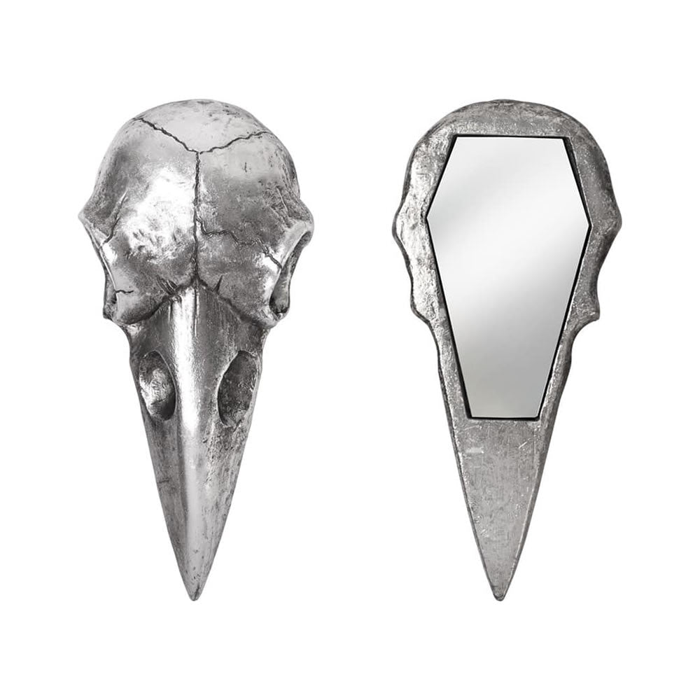 Alchemy Gothic Raven Skull Hand Mirror Silver Black V99