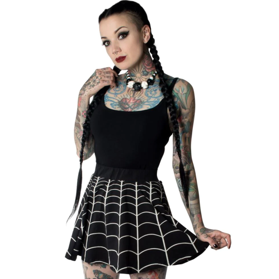 Kreepsville 666 Black White Spiderweb Skater Skirt