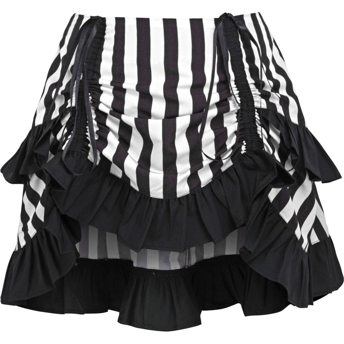 Black and white striped skirt with ruffled layers on a white background