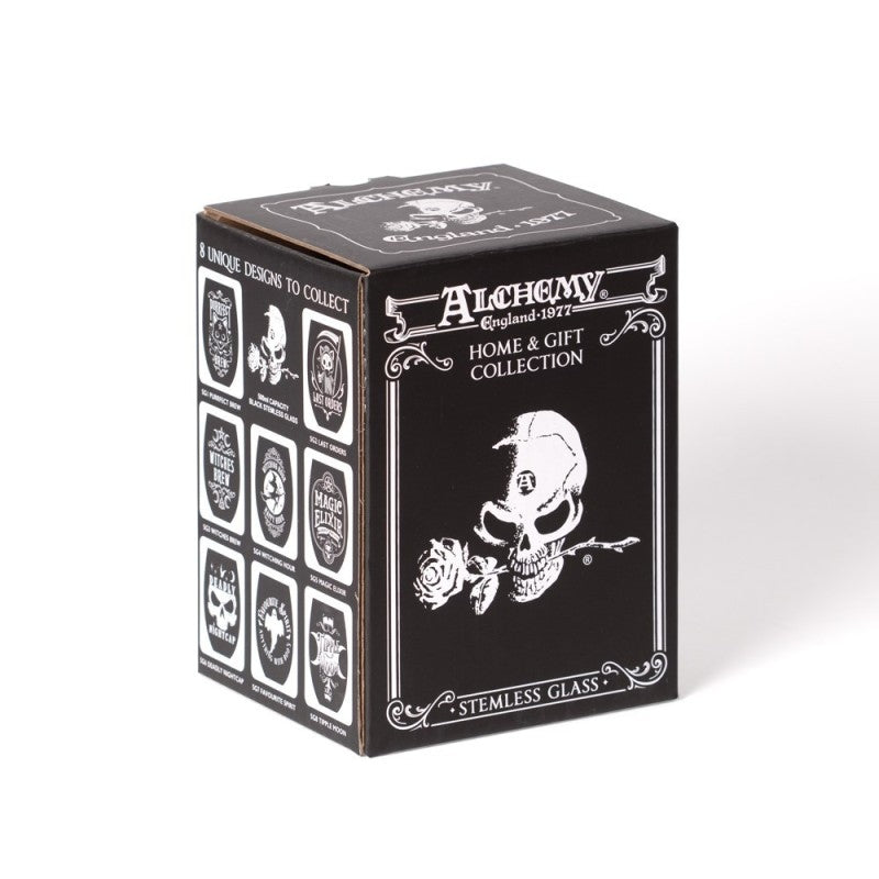 Black box with white designs and 'Alchemy' branding on a white background