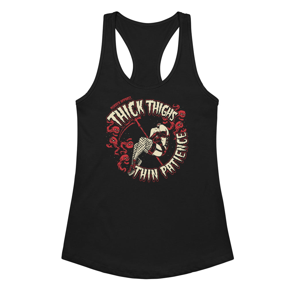 Black tank top with graphic design and text on a white background