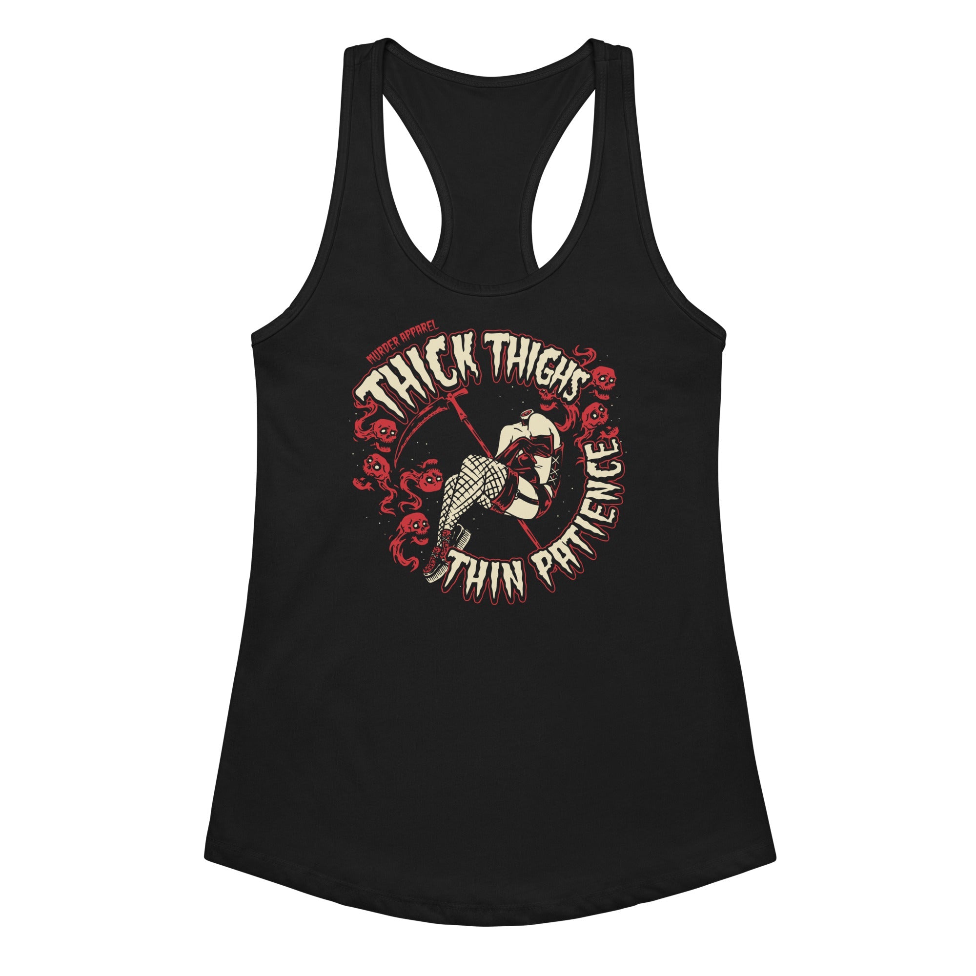 Black tank top with graphic design and text on a white background