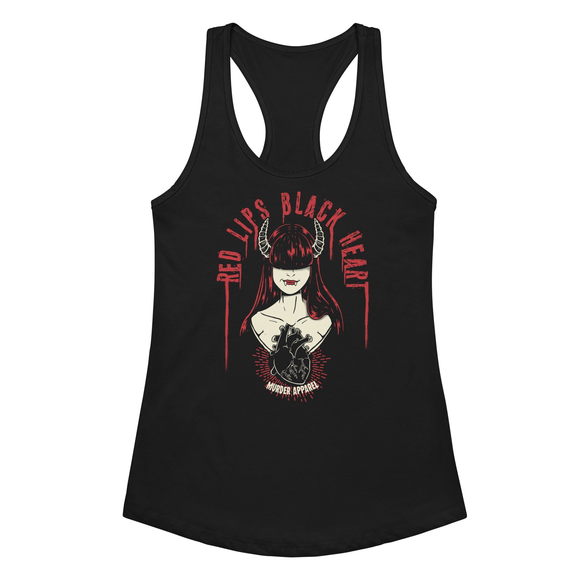 Black tank top with red and white graphic design on a white background